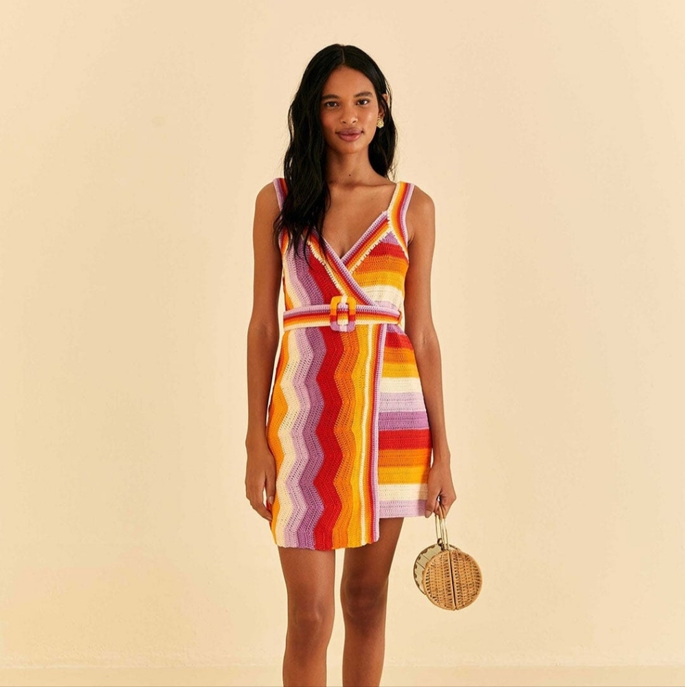 FARM RIO  Orange Purple Red Crochet Knit Chevron Stripes Mini Wrap Dress L